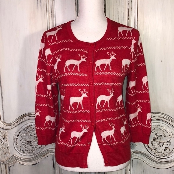 Forever 21 Festive Vintage Look Reindeer Print Red And White Cardigan Sweater - Picture 1 of 5